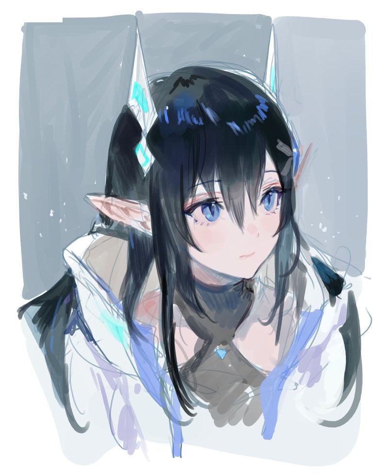 1girl, black_hair, blue_eyes, elf, hair_ornament, hairclip, jewelry, kuzuvine