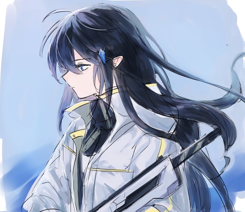 1girl, black_hair, blue_eyes, elf, gem, hair_ornament, hairclip, highres, jacket, long_hair, long_sleeves, looking_to_the_side, lord_of_heroes, olivia_pavlichenko, pale_skin, pointy_ears, wavy_hair, zetvq