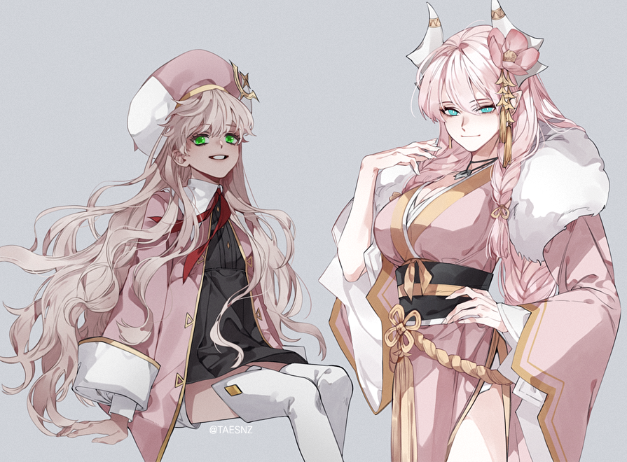 2girls, blonde_hair, blue_eyes, breasts, dark-skinned_female, dark_skin, dragon_girl, dragon_horns, flower, green_eyes, hair_flower, hair_ornament, horns, lairei_yen, large_breasts, long_hair, lord_of_heroes, multiple_girls, pale_skin, pink_hair, rosanna_devicci, seth_(taesnz), very_long_hair, wavy_hair