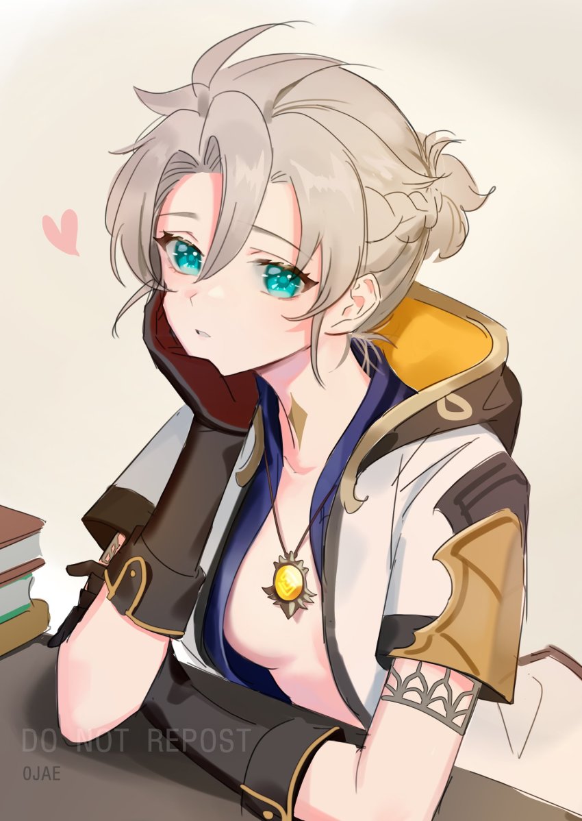 0jae, 1girl, absurdres, albedo_(genshin_impact), aqua_eyes, artist_name, book, breasts