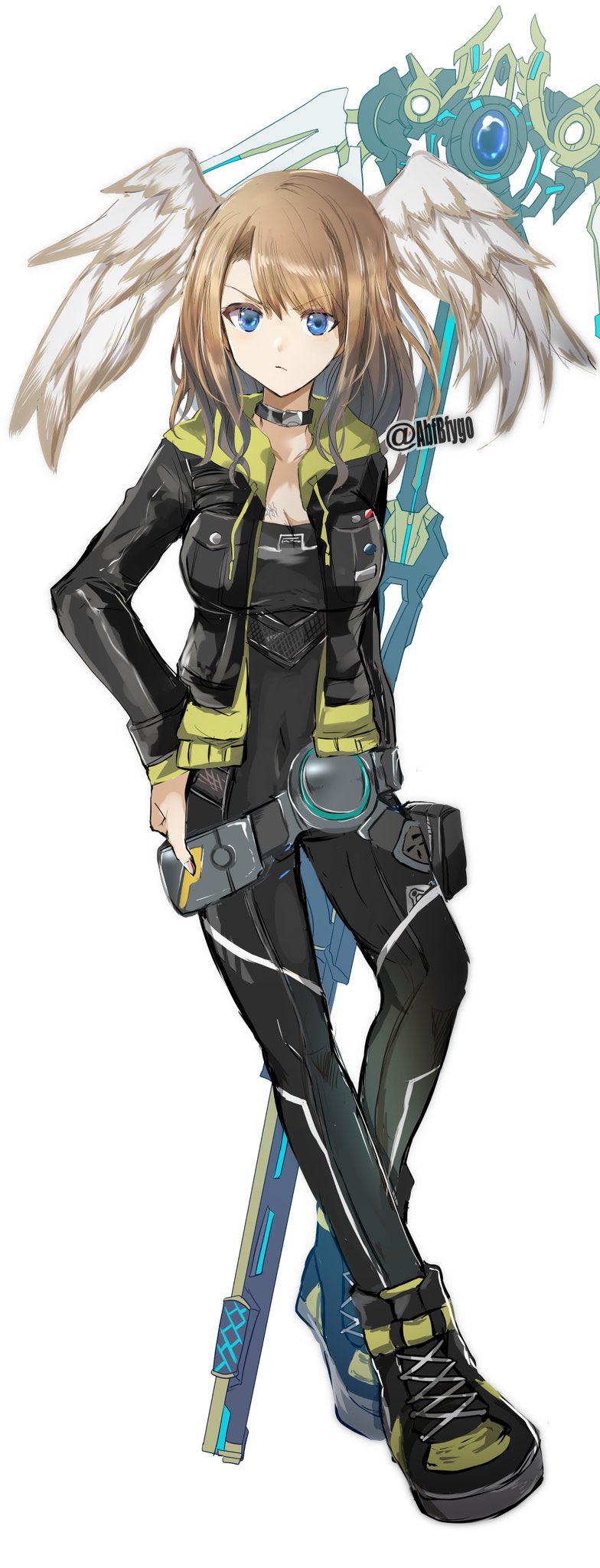 1girl, abfbfygo, black_jacket, blonde_hair, blue_eyes, breasts, choker, cleavage