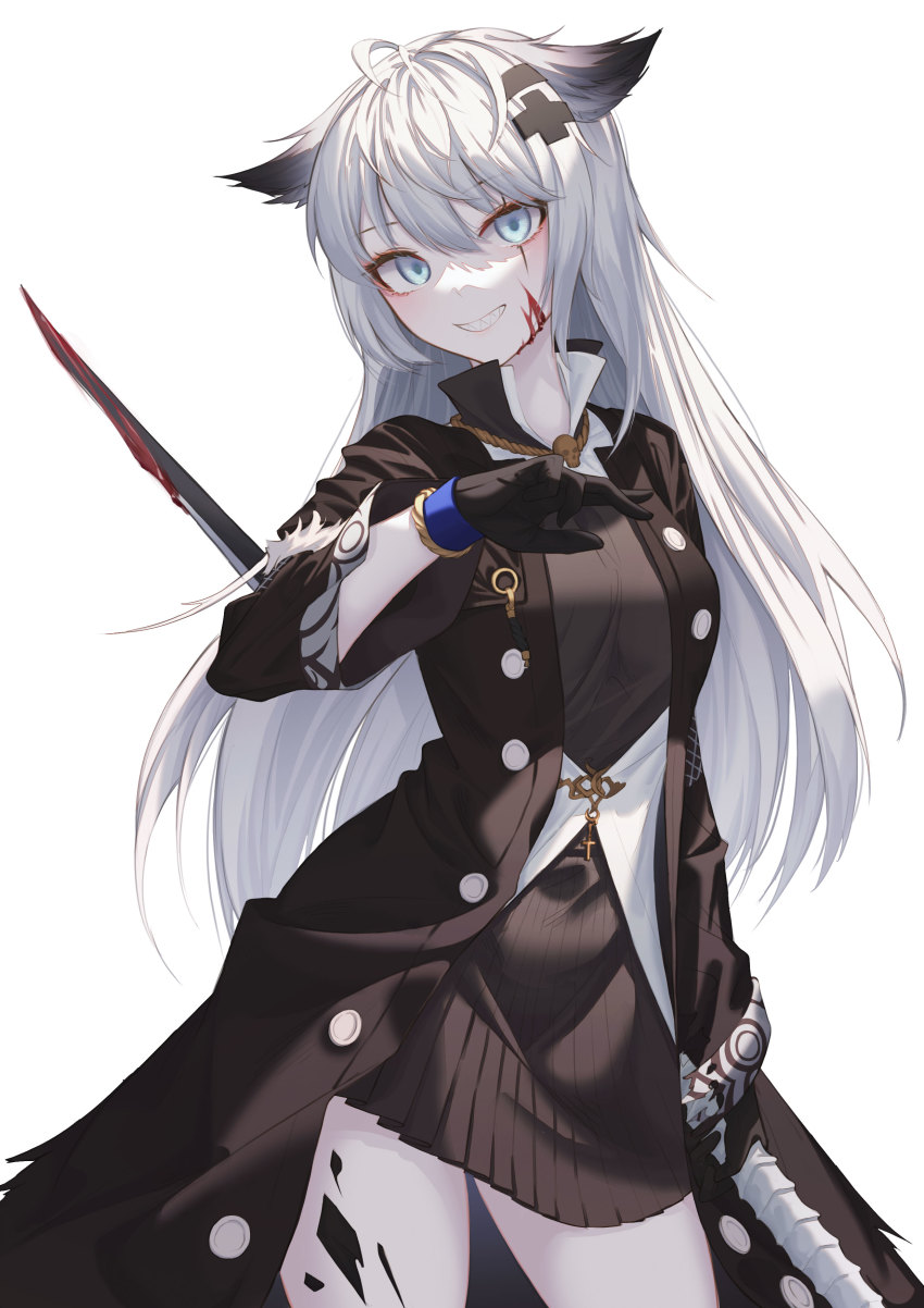 1girl, absurdres, ahoge, animal_ears, arknights, black_coat, black_gloves, black_knight, blood, blood_on_face, blue_eyes, breasts, buttons, cat_ears, coat, commentary, cowboy_shot, dress, english_commentary, gloves, grin, hair_between_eyes, hair_ornament, hand_up, high_collar, highres, holding, holding_weapon, jewelry, korean_commentary, lappland_(arknights), lappland_(refined_horrormare)_(arknights), long_hair, looking_at_viewer, material_growth, medium_breasts, mixed-language_commentary, necklace, open_clothes, open_coat, oripathy_lesion_(arknights), scar, scar_on_face, sharp_teeth, simple_background, skull_necklace, smile, solo, standing, sweater, sweater_dress, teeth, thighs, weapon, white_background, white_hair