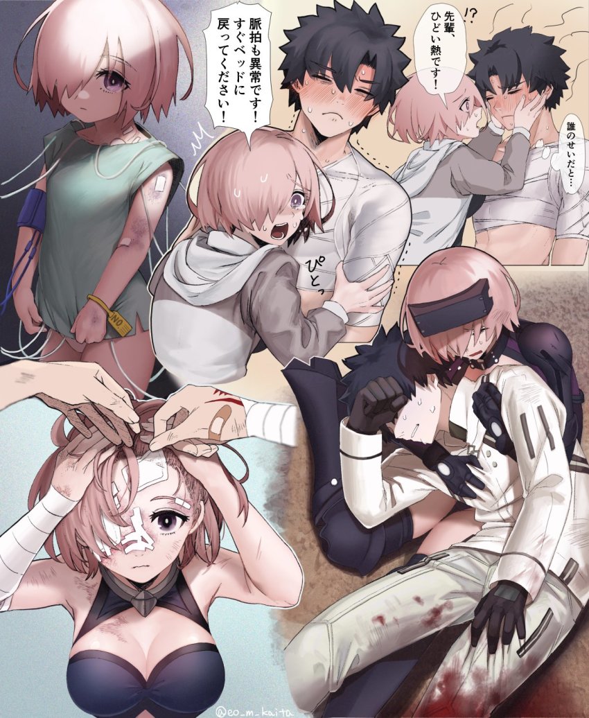 1boy, 1girl, aged_down, armor, bags_under_eyes, bandage_over_one_eye, bandages, bandaid, black_armor, black_leotard, black_thighhighs, blood, blush, fate/grand_order, fate_(series), fujimaru_ritsuka_(male), gloves, head-mounted_display, highres, hood, hoodie, injury, kaita_(mokamilkcup), leotard, mash_kyrielight, mash_kyrielight_(ortenaus), official_alternate_costume, panties, shirt, sleeveless, sleeveless_shirt, speech_bubble, sweat, thighhighs, thought_bubble, translation_request, twitter_username, underwear