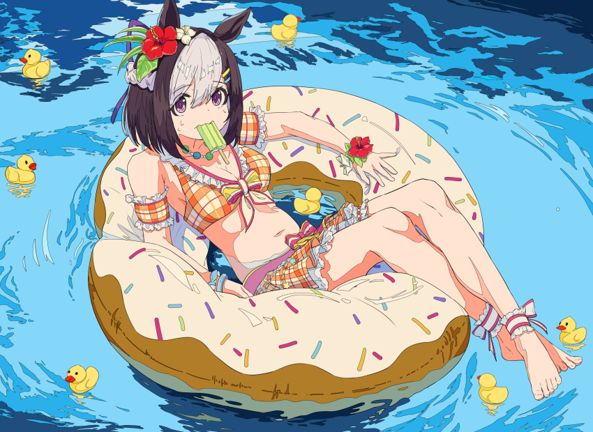 1girl, animal_ears, ankle_garter, arm_garter, barefoot, bikini, bikini_skirt, bow