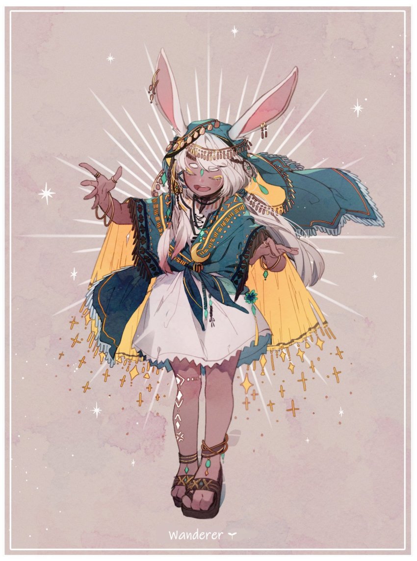 1girl, animal_ears, anklet, bangle, bracelet, brown_background, closed_eyes, crescent, dark-skinned_female, dark_skin, dongbaegsi, dress, ear_piercing, eyeshadow, facing_viewer, feathers, fewer_digits, fringe_trim, full_body, hands_up, head_chain, headscarf, highres, jewelry, legs_together, long_hair, lord_of_heroes, makeup, mei_ling_qiao, mei_ling_qiao_(earth), necklace, open_mouth, outstretched_hand, piercing, rabbit_ears, rabbit_girl, ring, round_teeth, sandals, shawl, simple_background, sparkle, standing, teeth, thick_eyebrows, toes, tunic, white_hair, white_tunic