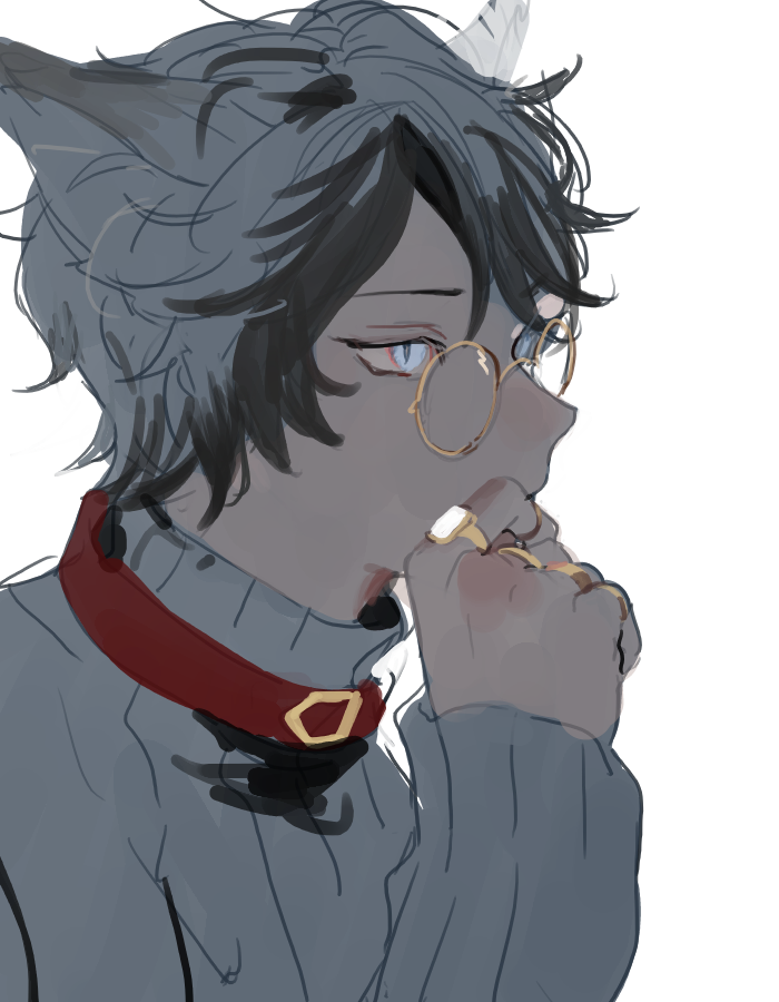1boy, al_rashad, al_rashad_(fire), animal_ears, black_hair, blue_eyes, cat_boy, cat_ears, collar, collared_shirt, dark-skinned_male, dark_skin, glasses, jewelry, kuzuvine, looking_to_the_side, lord_of_heroes, ring, shirt