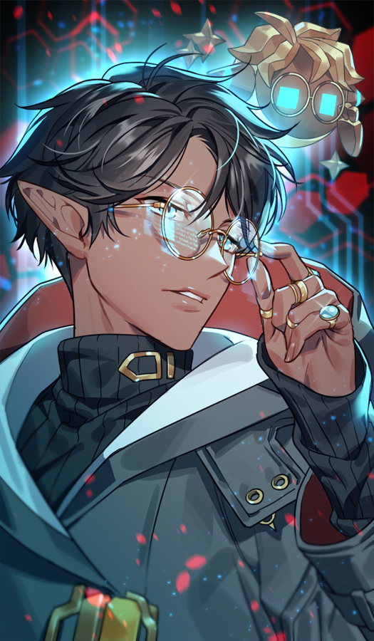 1boy, al_rashad, al_rashad_(fire), black_hair, brown_eyes, collared_shirt, dark-skinned_male, dark_skin, gem, glasses, hacking, jewelry, looking_to_the_side, lord_of_heroes, male_focus, pointy_ears, ring, shirt, sixa