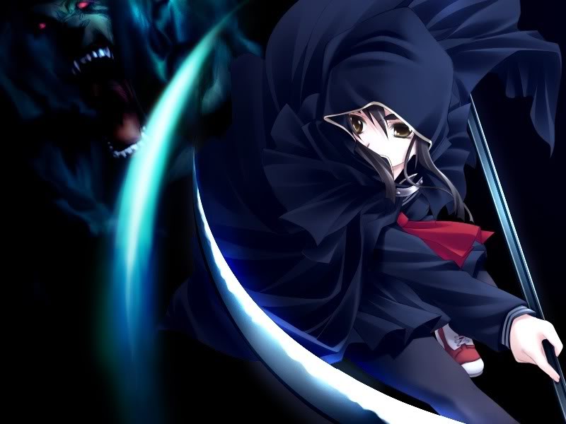 1girl, artist_request, brown_eyes, brown_hair, cloak, death_(entity), game_cg, grim_reaper, hood, konata_yori_kanata_made, long_hair, monster, pantyhose, school_uniform, scythe, shaa, shoes, sneakers, source_request