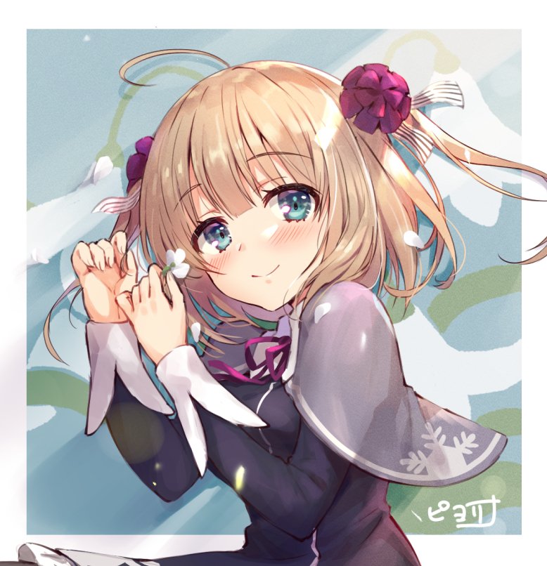 1girl, ahoge, blonde_hair, blush, capelet, commentary_request, flower, flower_knight_girl