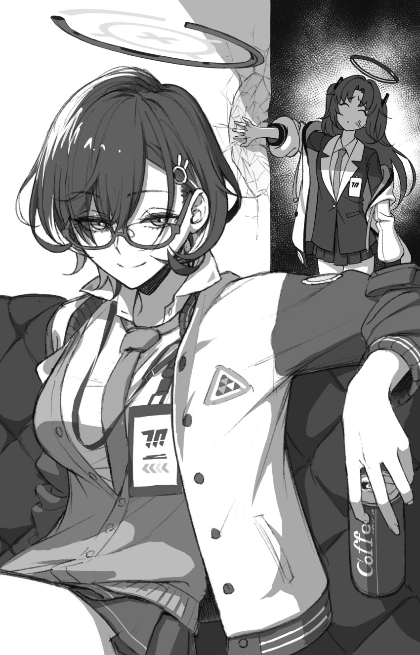 2girls, anger_vein, angry, asymmetrical_bangs, blue_archive, can, cardigan, chihiro_(blue_archive)