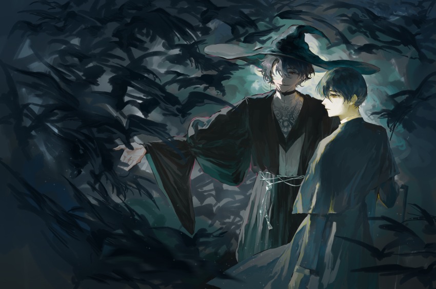 2boys, absurdres, amon_(lord_of_the_mysteries), angel, arm_up, bird, black_eyes, black_hair