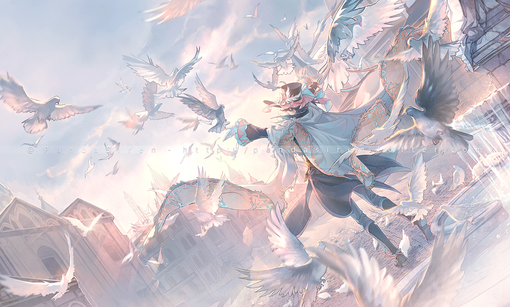 1boy, angel, arms_up, bird, brown_footwear, brown_hair, building, cathedral