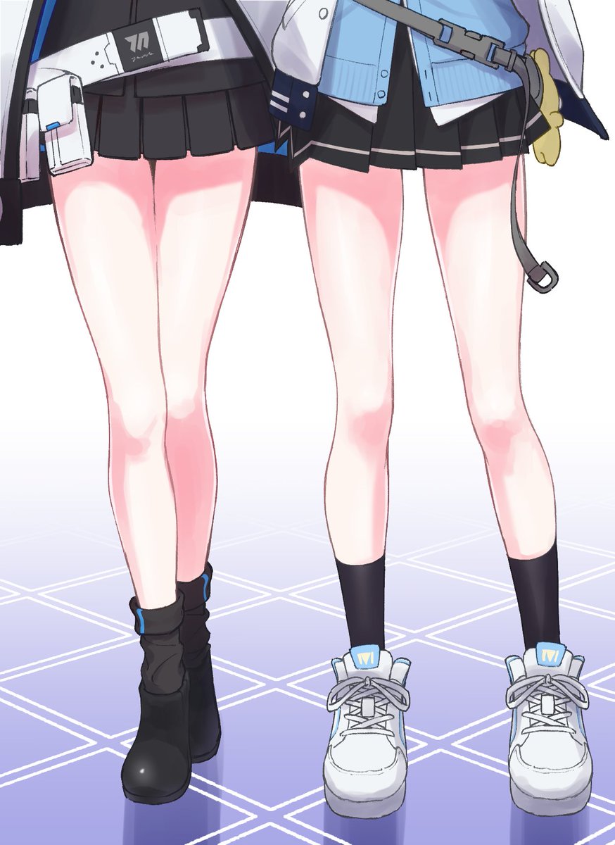 2girls, belt, belt_pouch, black_footwear, black_legwear, black_skirt, blue_archive, blue_cardigan