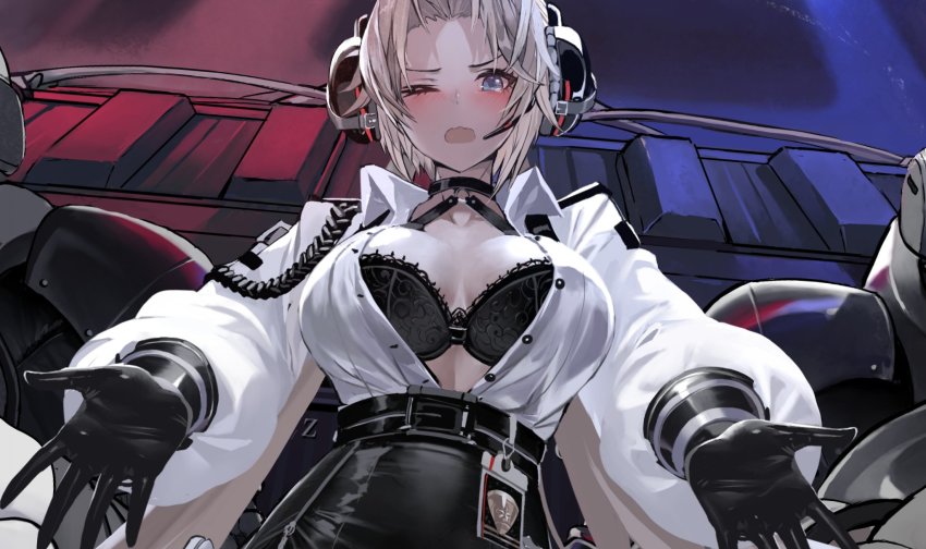 1girl, anime_screenshot, azur_lane, black_bra, blue_eyes, blush, bra, breasts