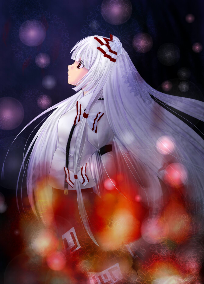 1girl, artist_request, bow, dark, female_focus, fire, fujiwara_no_mokou, hair_bow