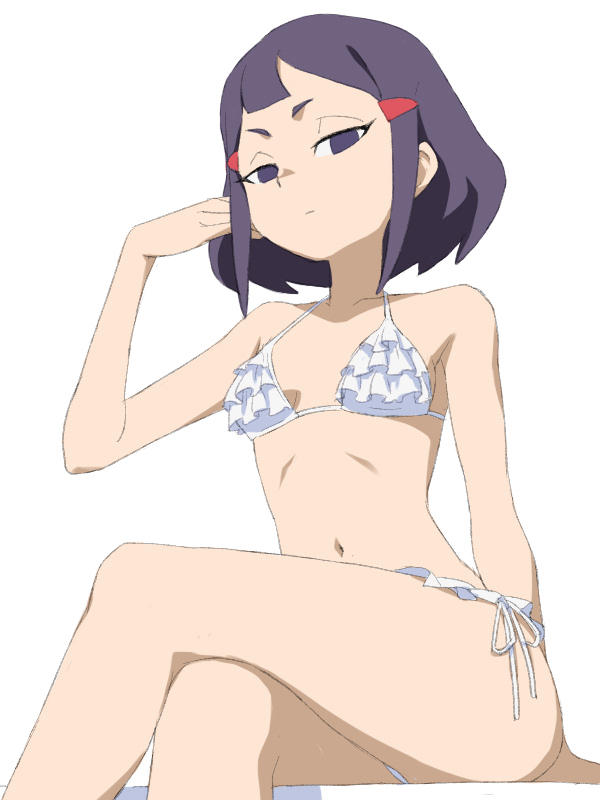 1girl, arm_support, armpits, asymmetrical_bangs, avery_(little_witch_academia), bare_shoulders, bikini, blunt_bangs, breasts, closed_mouth, collarbone, crossed_legs, expressionless, feet_out_of_frame, frilled_bikini, frills, hair_ornament, hairclip, halterneck, hand_on_own_face, hand_up, imaishi_hiroyuki_(style), little_witch_academia, looking_at_viewer, medium_hair, navel, no_pupils, purple_eyes, purple_hair, satochi, short_bangs, short_eyebrows, side-tie_bikini_bottom, sidelocks, simple_background, sitting, small_breasts, solo, swimsuit, white_background, white_bikini