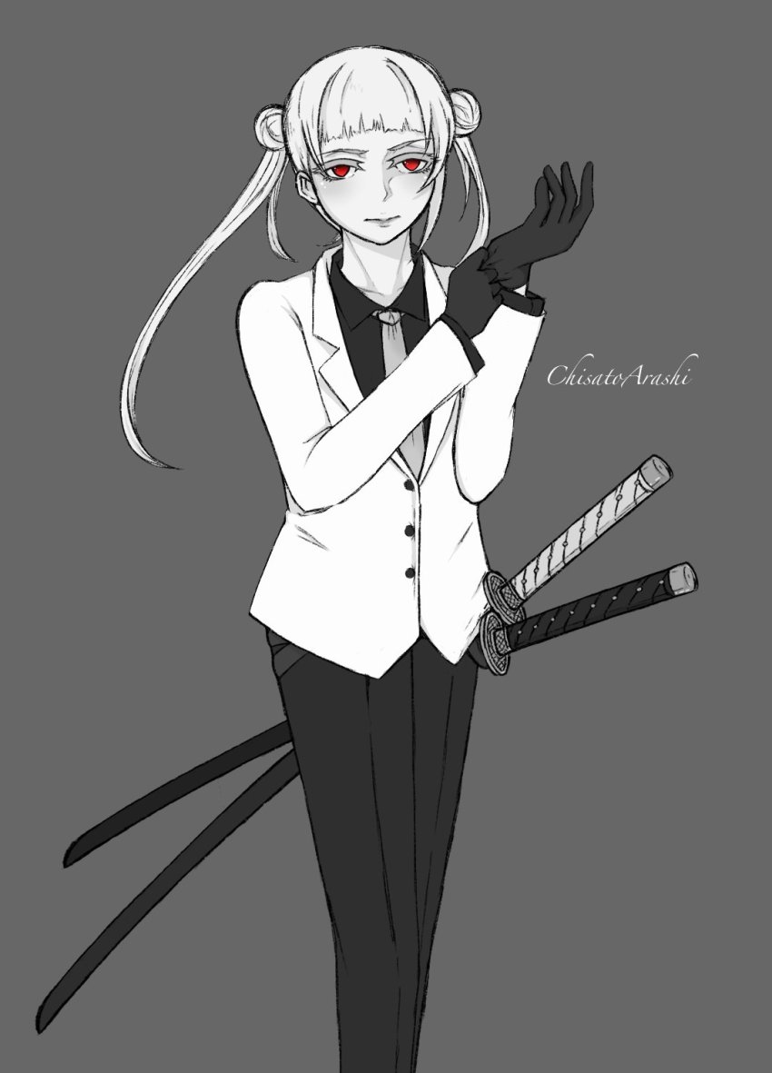 1girl, adjusting_clothes, adjusting_gloves, arashi_chisato, artist_name, artist_request, black_gloves, black_pants