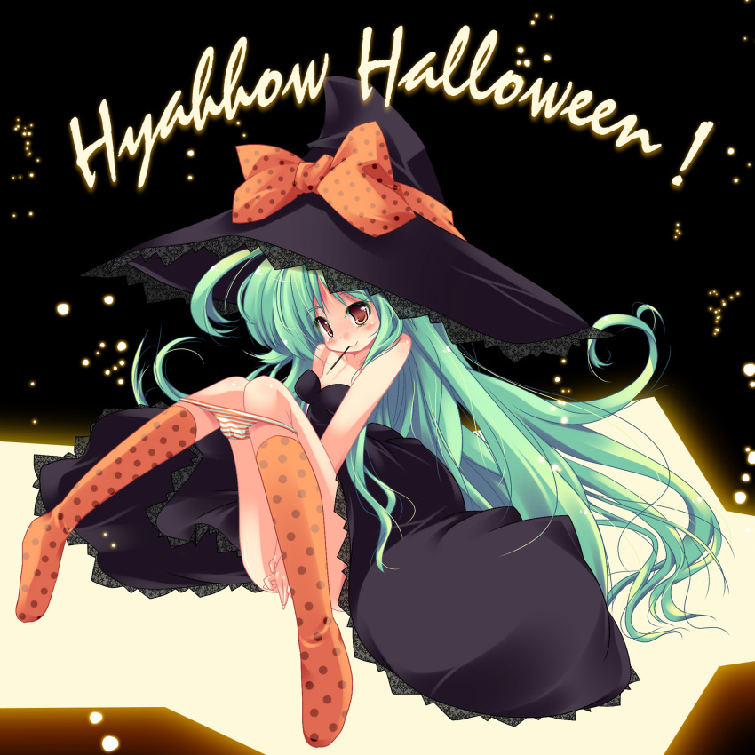 1girl, dress, female_focus, green_hair, halloween, happy_halloween, hat, highres