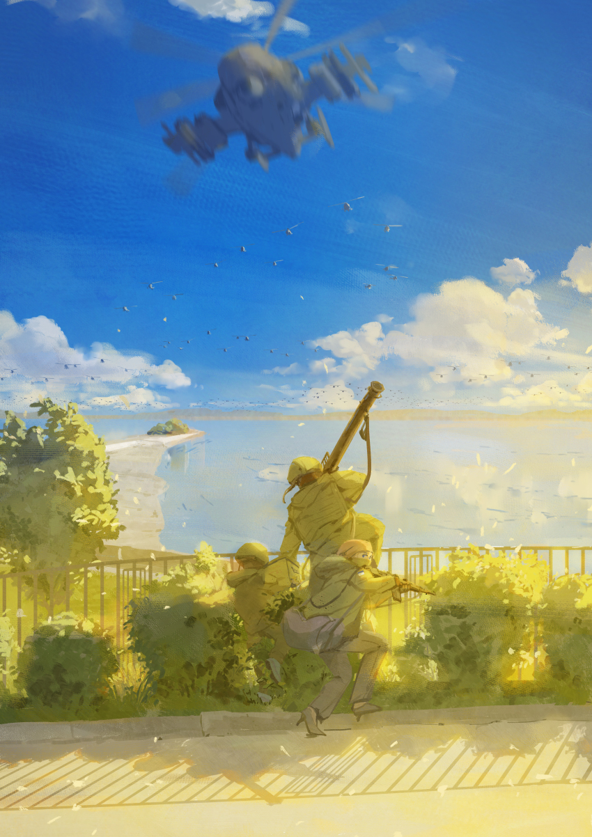 3boys, absurdres, aircraft, assault_rifle, blue_sky, bush, cloud, day