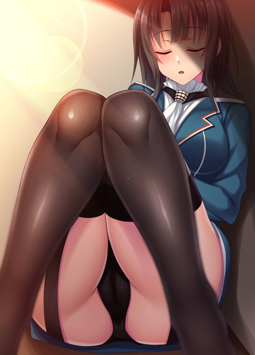 1girl, ascot, black_hair, black_panties, black_thighhighs, blue_skirt, breasts, cameltoe, closed_eyes, garter_straps, highres, kantai_collection, large_breasts, long_sleeves, military, military_uniform, miniskirt, panties, ruin_re_birth, short_hair, sitting, skirt, solo, takao_(kancolle), thighhighs, underwear, white_ascot