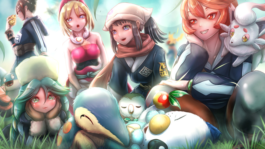 1boy, 5girls, :d, :o, akari_(pokemon), arezu_(pokemon), black_hair, blonde_hair