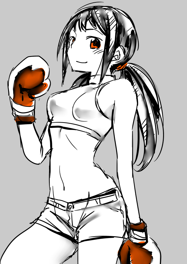 1girl, arched_back, arm_at_side, armpits, bare_shoulders, black_hair, boxing_gloves, breasts
