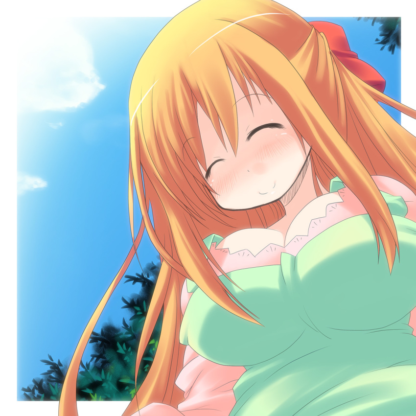 1girl, blonde_hair, blush, breasts, cleavage, closed_eyes, cloud, day, female_focus, half_updo, hanamaru_youchien, highres, large_breasts, long_hair, mature_female, ootsuki_ren, outdoors, sky, smile, solo, very_long_hair, yamamoto_nanako