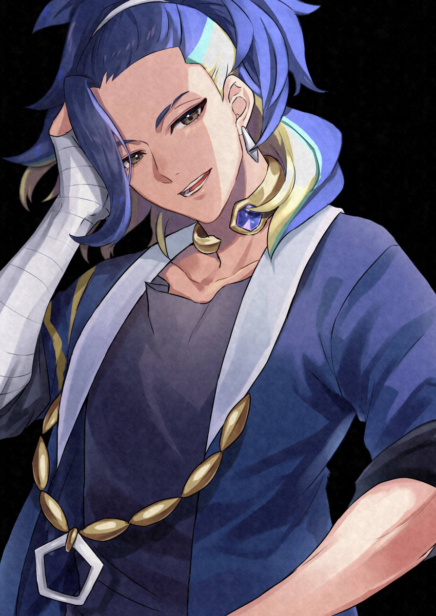 1boy, absurdres, adaman_(pokemon), arm_wrap, black_background, blue_coat, blue_hair, brown_eyes, coat, collar, collarbone, commentary_request, earrings, eyebrow_cut, green_hair, hand_up, head_tilt, highres, jewelry, looking_down, male_focus, multicolored_hair, nintendo, open_mouth, pokemon, pokemon_legends:_arceus, ponytail, shiro_(deucqvhzjb2blzg), shirt, simple_background, smile, solo, teeth, tongue, upper_body
