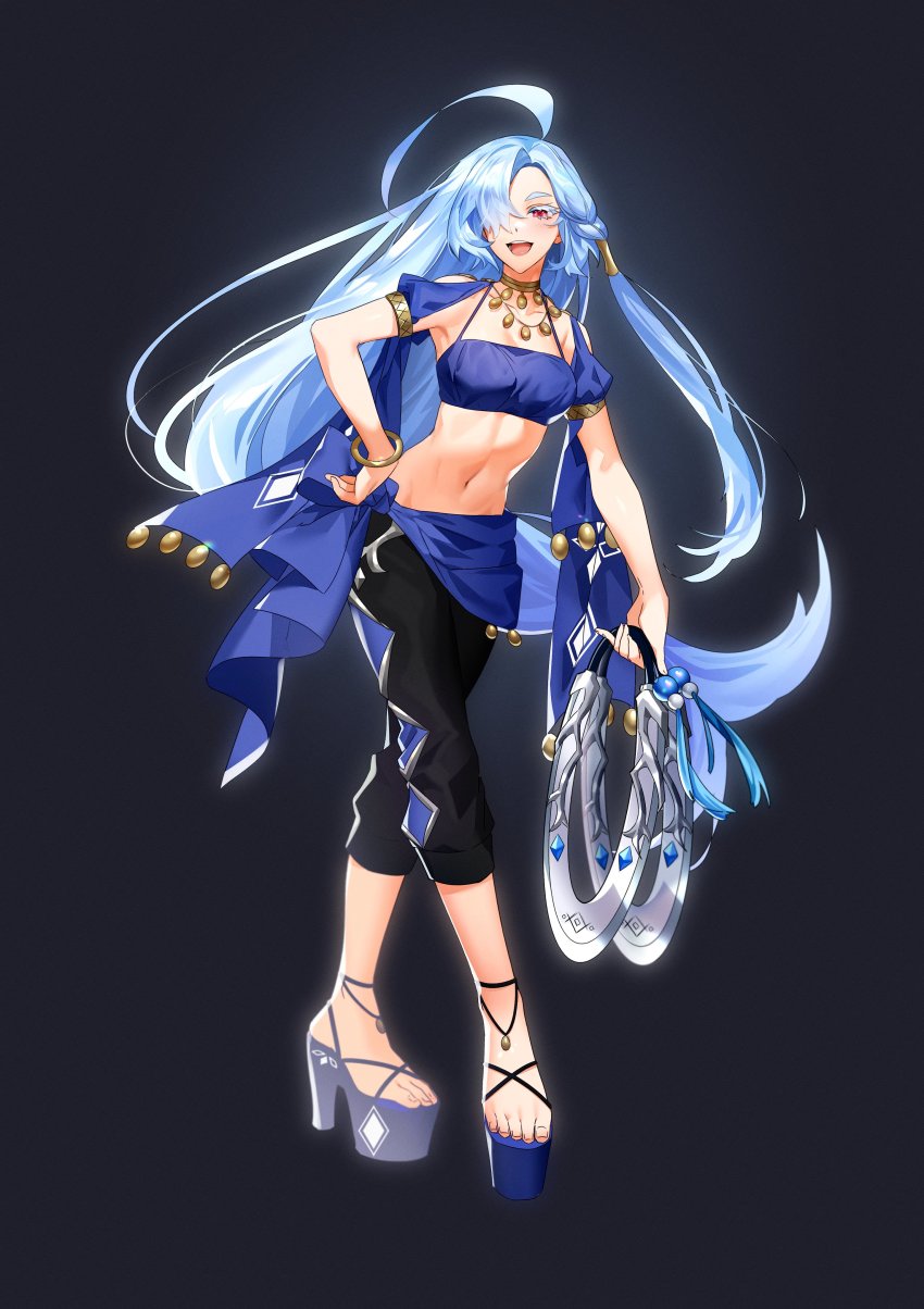 1girl, absurdres, blue_hair, crop_top, full_body, high_heels, highres, huge_0330, long_hair, looking_at_viewer, lord_of_heroes, lumie_miratisa, lumie_miratisa_(water), midriff, navel, pale_skin, pink_eyes, platform_footwear
