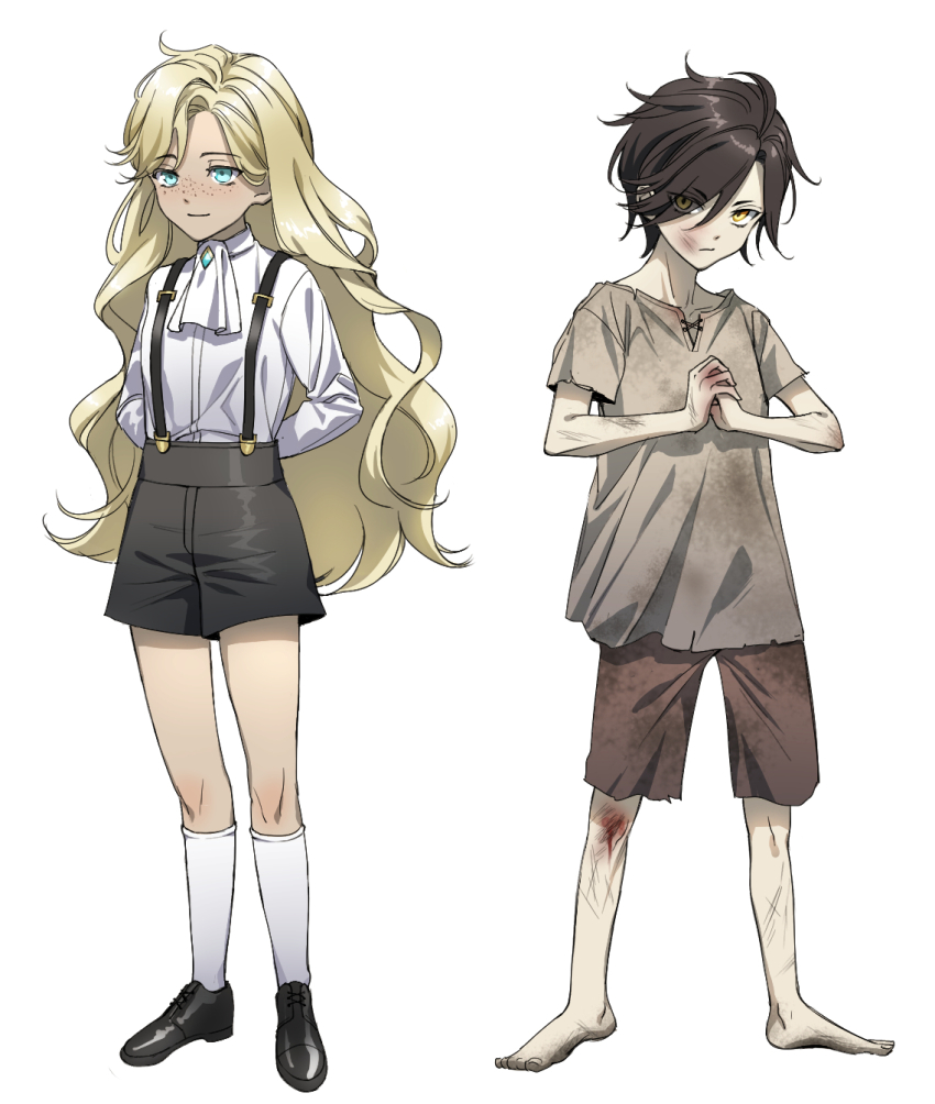 1boy, 1girl, arms_behind_back, bbang_bread, bianca_devicci, blonde_hair, blue_eyes, brown_hair, brown_shirt, character_request, child, dirty, dirty_clothes, freckles, highres, long_hair, long_sleeves, looking_to_the_side, lord_of_heroes, overall_shorts, overalls, pale_skin, shirt, shoes, shorts, socks, wavy_hair, white_shirt, yellow_eyes