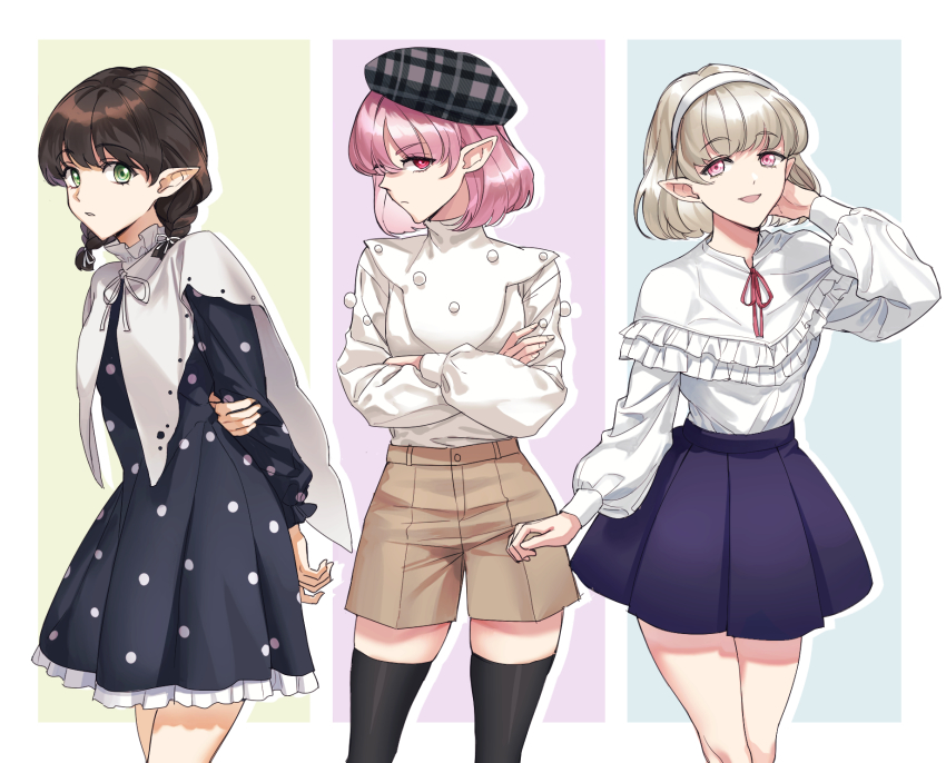 3girls, bbang_bread, braid, brown_hair, fashion, green_eyes, highres, looking_at_viewer