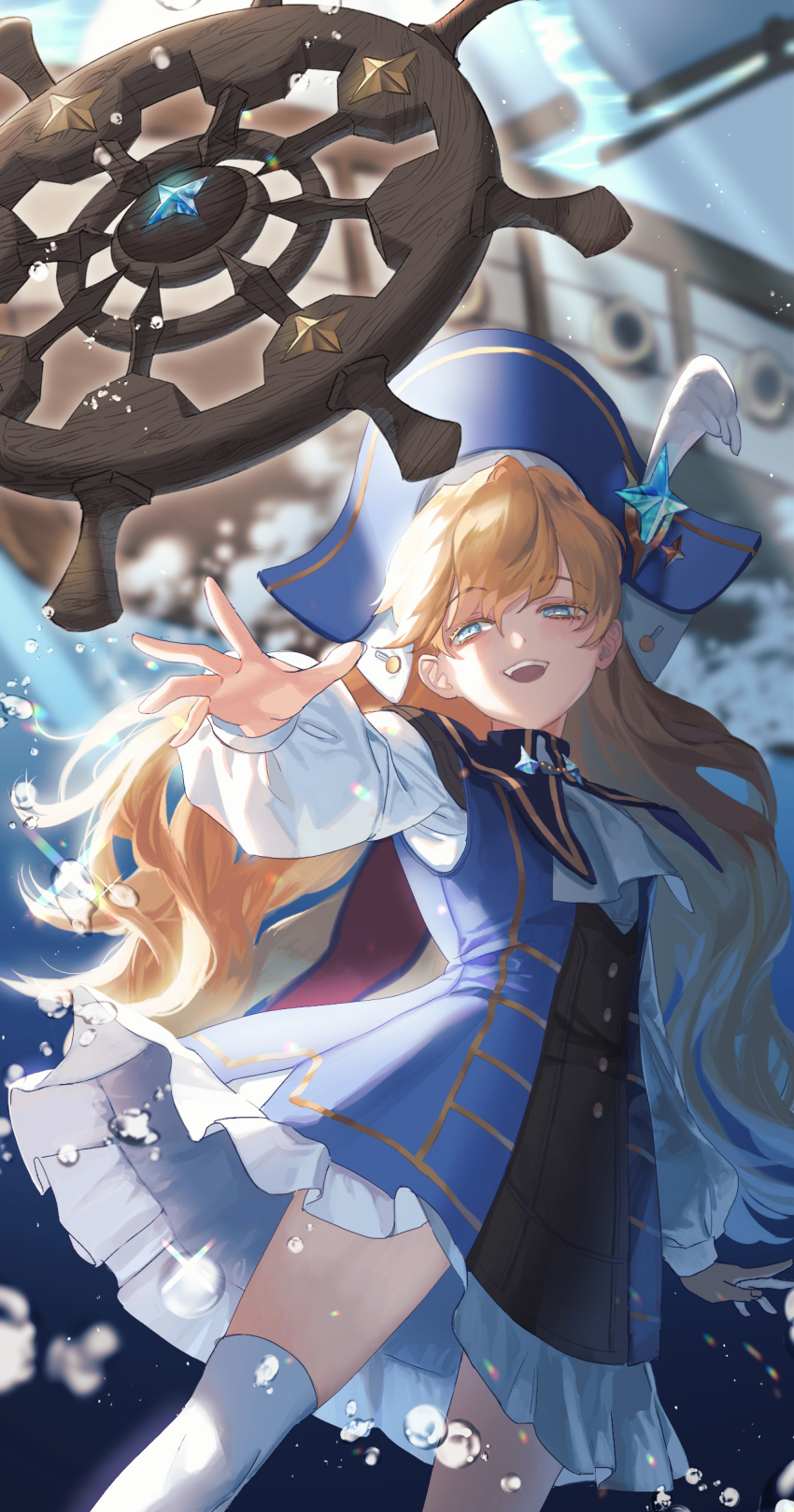 1girl, absurdres, bbang_bread, blonde_hair, blue_eyes, boat, dress, hat