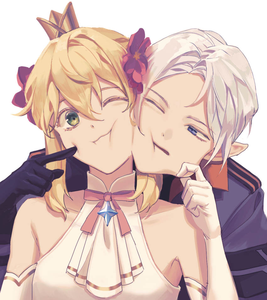 1boy, 1girl, bbang_bread, blonde_hair, blue_eyes, charlotte_grace, cheek_pinching, crown