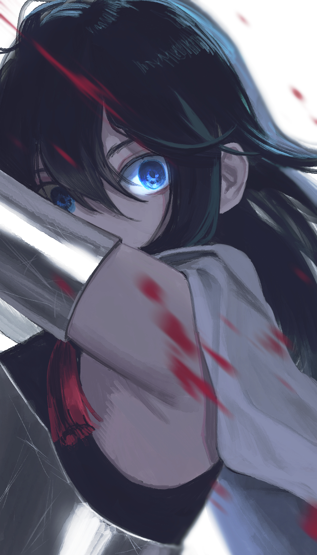 1girl, bbang_bread, black_hair, blood, blood_splatter, blood_stain, blue_eyes, constricted_pupils, covering_own_mouth, fram_berge, fram_berge_(water), gloves, highres, long_hair, looking_at_viewer, lord_of_heroes, pale_skin