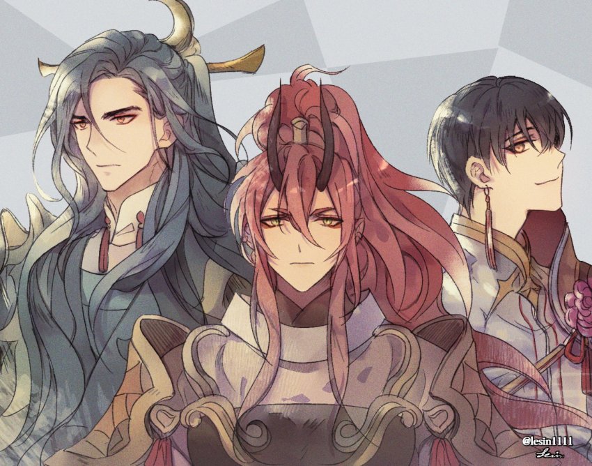 1girl, 2boys, aran_(lord_of_heroes), biryu_(lord_of_heroes), black_hair, earrings, horns, ian_(lord_of_heroes)