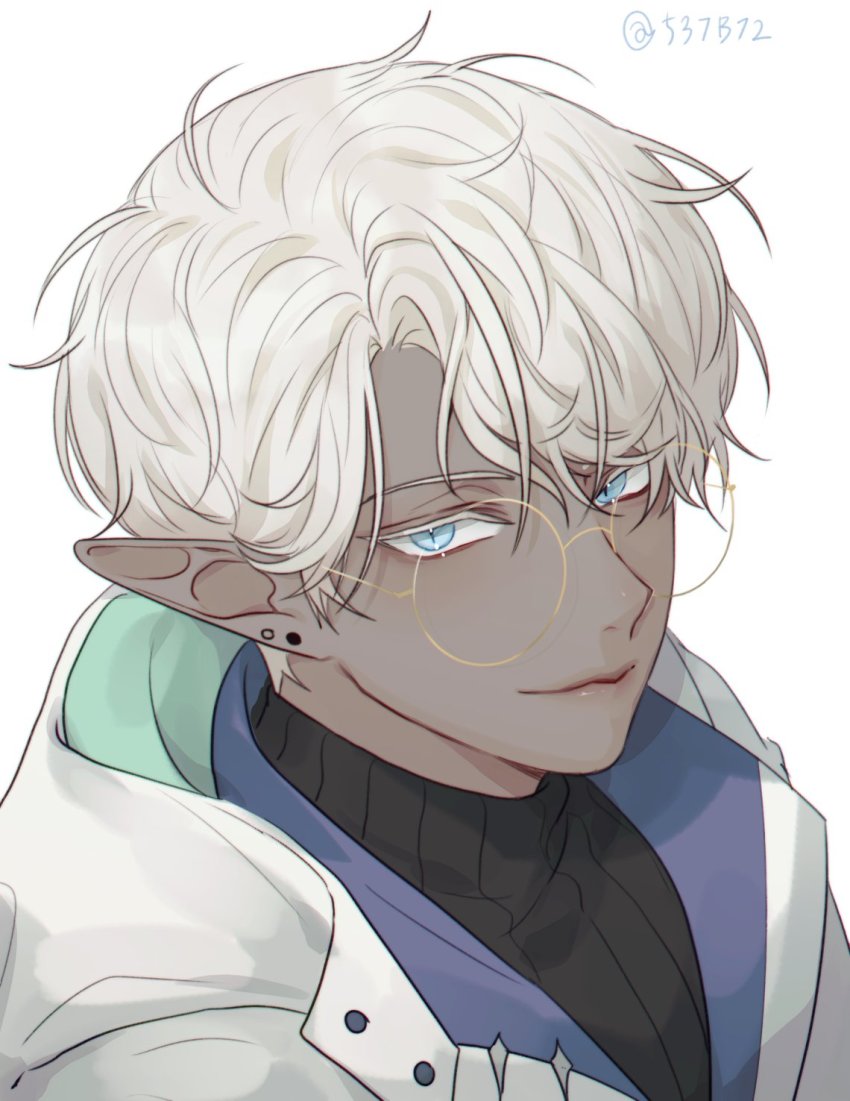 1boy, 537b72, al_rashad, al_rashad_(water), blue_eyes, dark-skinned_male, dark_skin, earrings, elf, glasses, highres, jewelry, looking_at_viewer, lord_of_heroes, pointy_ears, stud_earrings, white_hair