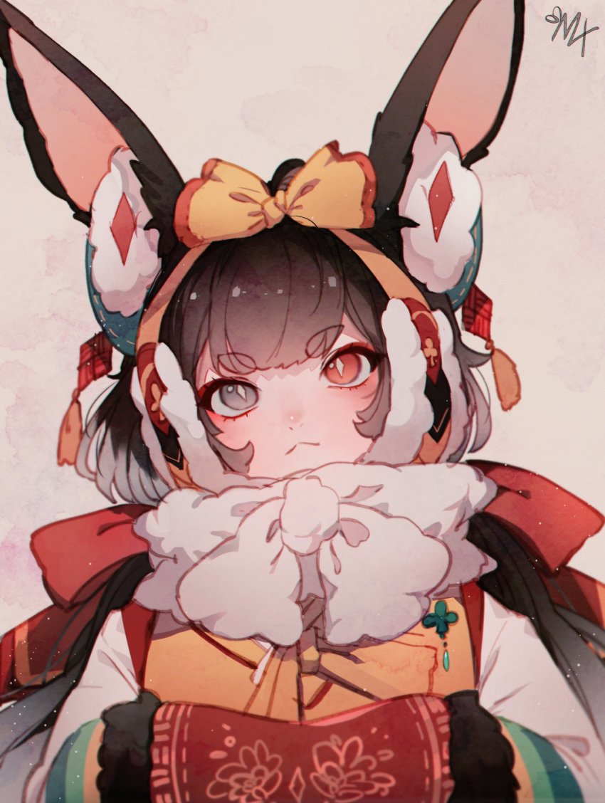 1girl, animal_ears, black_hair, blush, character_name, dongbaegsi, dress, grey_eyes, heterochromia, highres, long_hair, looking_at_viewer, lord_of_heroes, mei_ling_qiao, mei_ling_qiao_(fire), pale_skin, rabbit_ears, rabbit_girl, red_eyes, solo, twintails