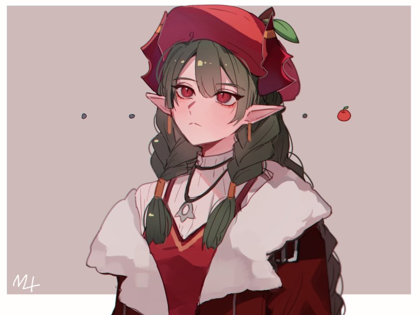 1girl, braid, dongbaegsi, dragon_girl, dragon_horns, green_hair, hat, highres