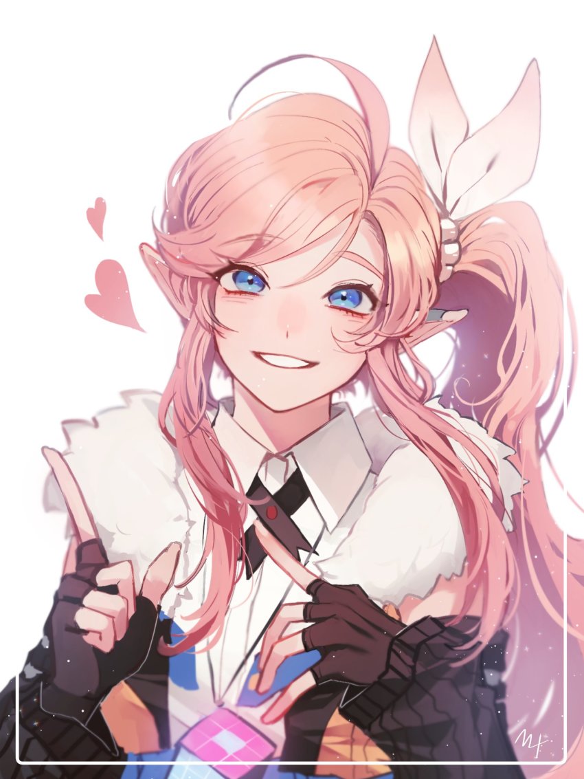 1girl, blue_eyes, blush, dongbaegsi, elf, heart, highres, long_hair, looking_at_viewer, lord_of_heroes, lyn_blake, lyn_blake_(water), pale_skin, pink_hair, pointy_ears, side_ponytail, smile, solo, white_background