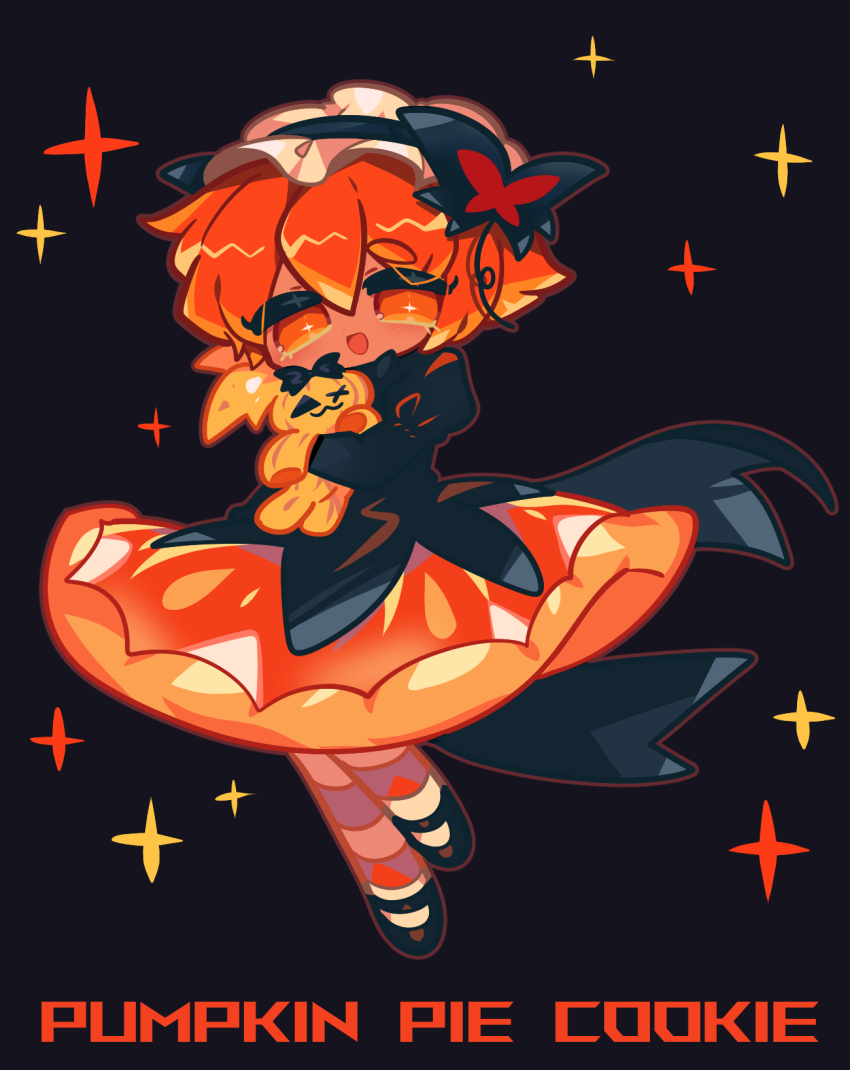 1girl, :d, back_bow, black_background, bow, bright_pupils, butterfly_ornament, character_name