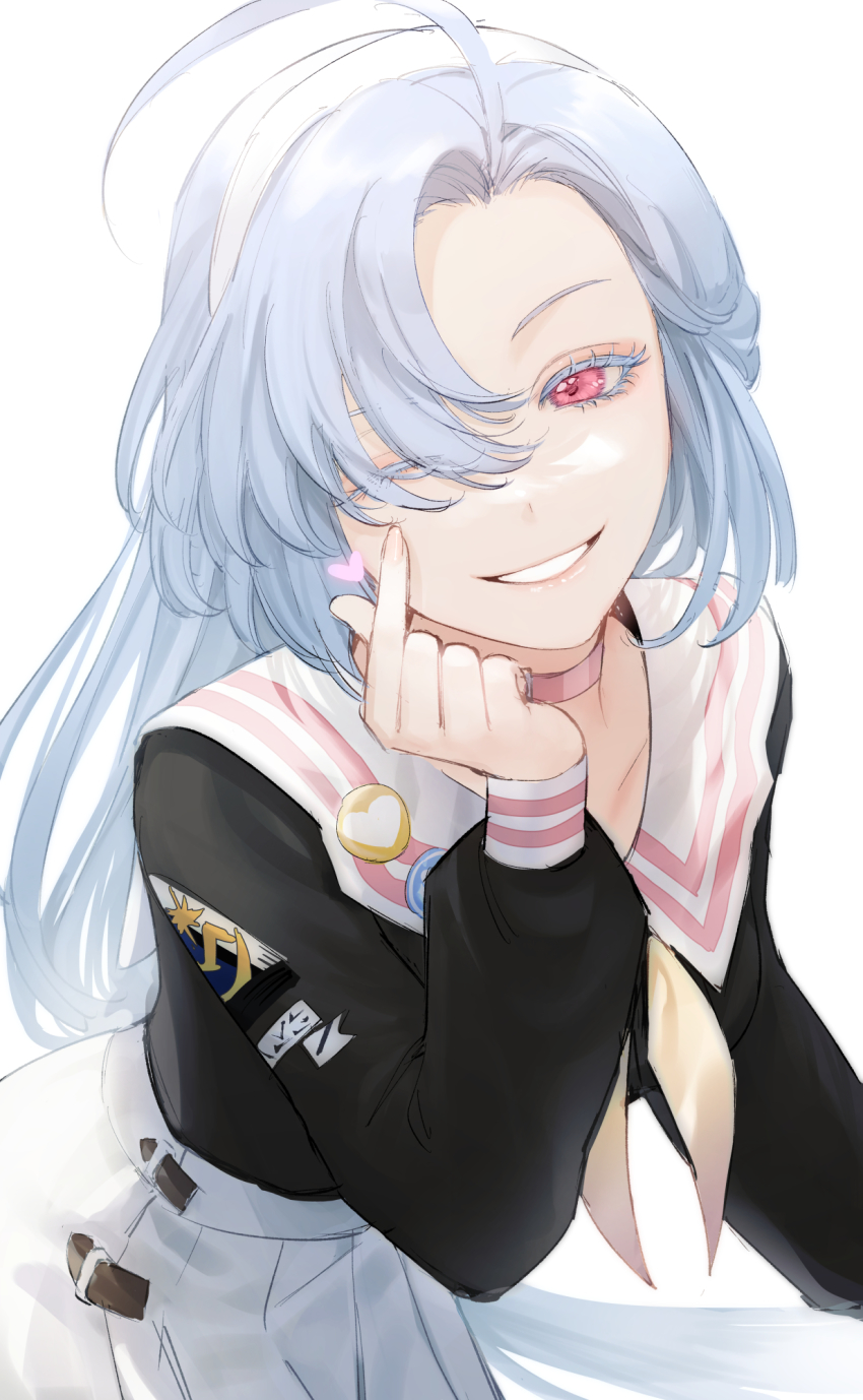 1girl, blue_hair, blush, hairband, heart, highres, junning_1002, long_hair, long_sleeves, looking_at_viewer, lord_of_heroes, lumie_miratisa, lumie_miratisa_(ancient), one_eye_closed, pale_skin, pink_eyes, skirt, smile