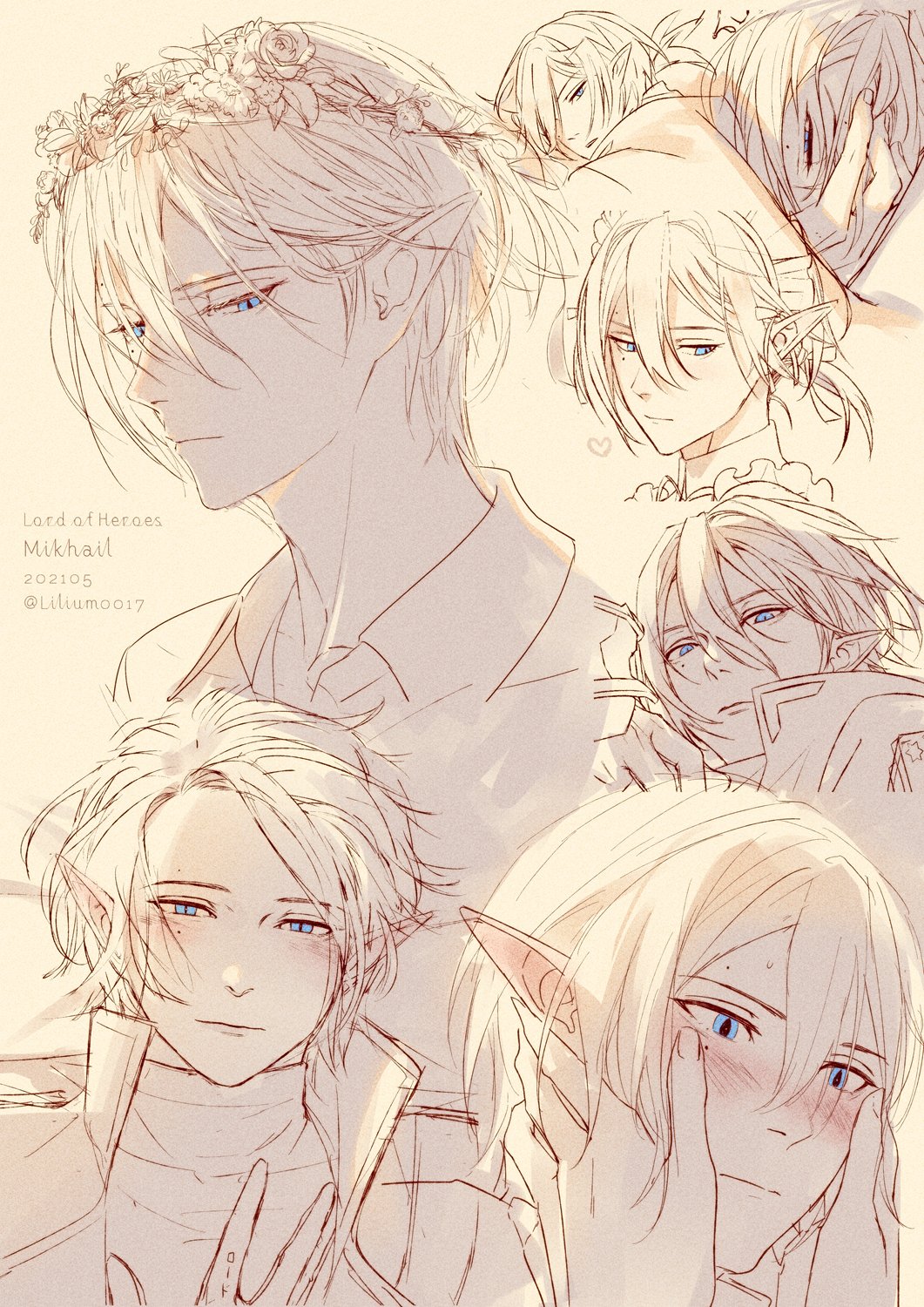 1boy, blue_eyes, blush, elf, flower, hair_flower, hair_ornament, head_wreath