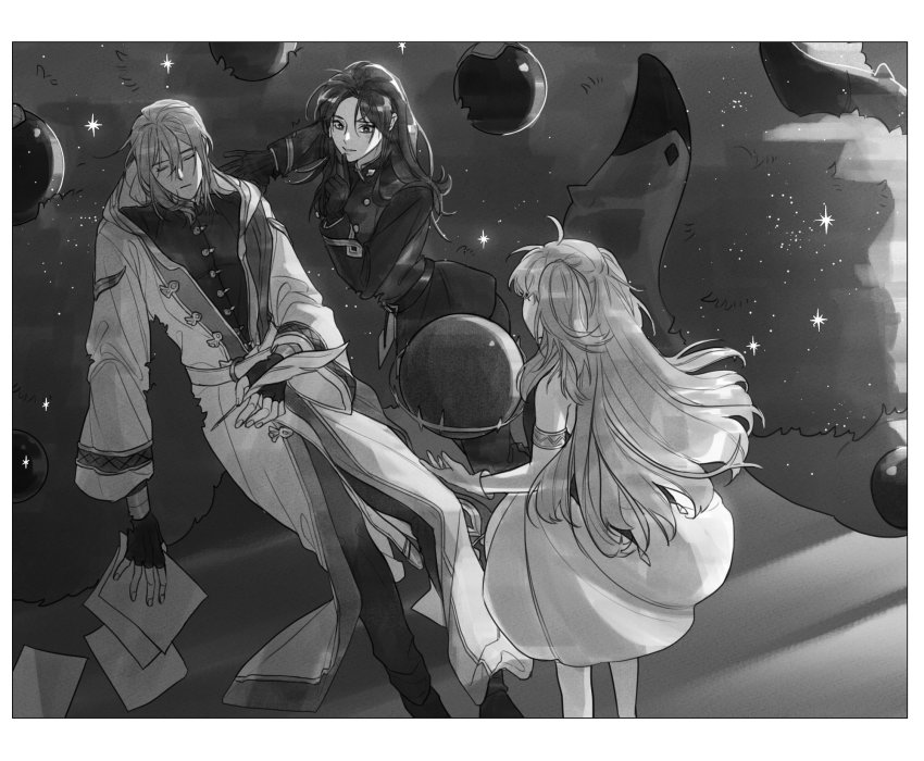 1boy, 2girls, female_lord_(lord_of_heroes), greyscale, highres, long_hair, lord_(lord_of_heroes), lord_of_heroes