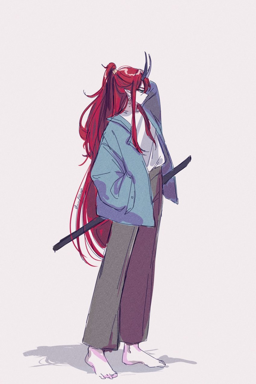 1girl, aran_(lord_of_heroes), blue_eyes, earrings, facing_to_the_side, full_body, highres, horns, jewelry, long_hair, looking_to_the_side, lord_of_heroes, pale_skin, pocoa, pointy_ears, ponytail, red_hair, solo, white_background