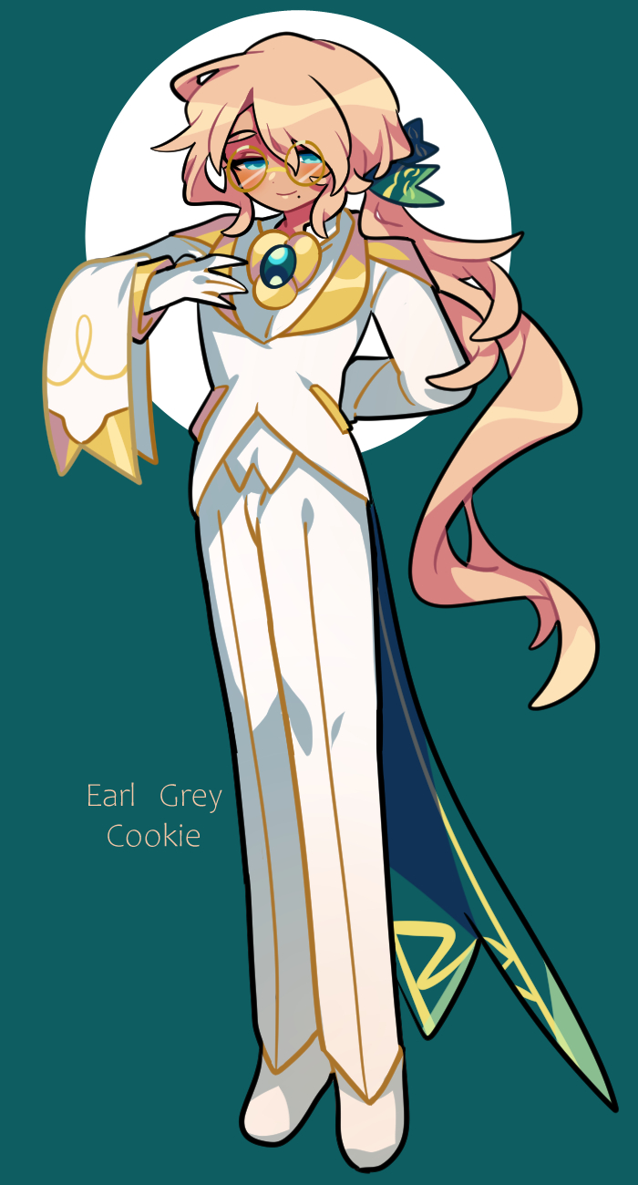 1boy, arm_behind_back, blue_eyes, bow, brooch, character_name, closed_mouth, coattails, cookie_run, cookie_run:_ovenbreak, earl_grey_cookie, formal_clothes, full_body, glasses, gloves, green_background, hair_bow, hair_over_one_eye, highres, jewelry, long_hair, long_legs, low_poly, male_focus, mole, mole_under_mouth, omoyu_(nakyu715), pink_hair, ponytail, simple_background, smile, solo, standing, suit, tailcoat, thick_eyebrows, white_gloves, white_suit