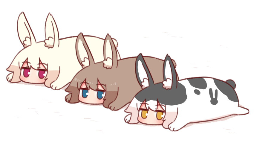 3girls, animal_ear_fluff, animal_ears, black_hair, blonde_hair, blue_eyes, brown_hair, hair_between_eyes