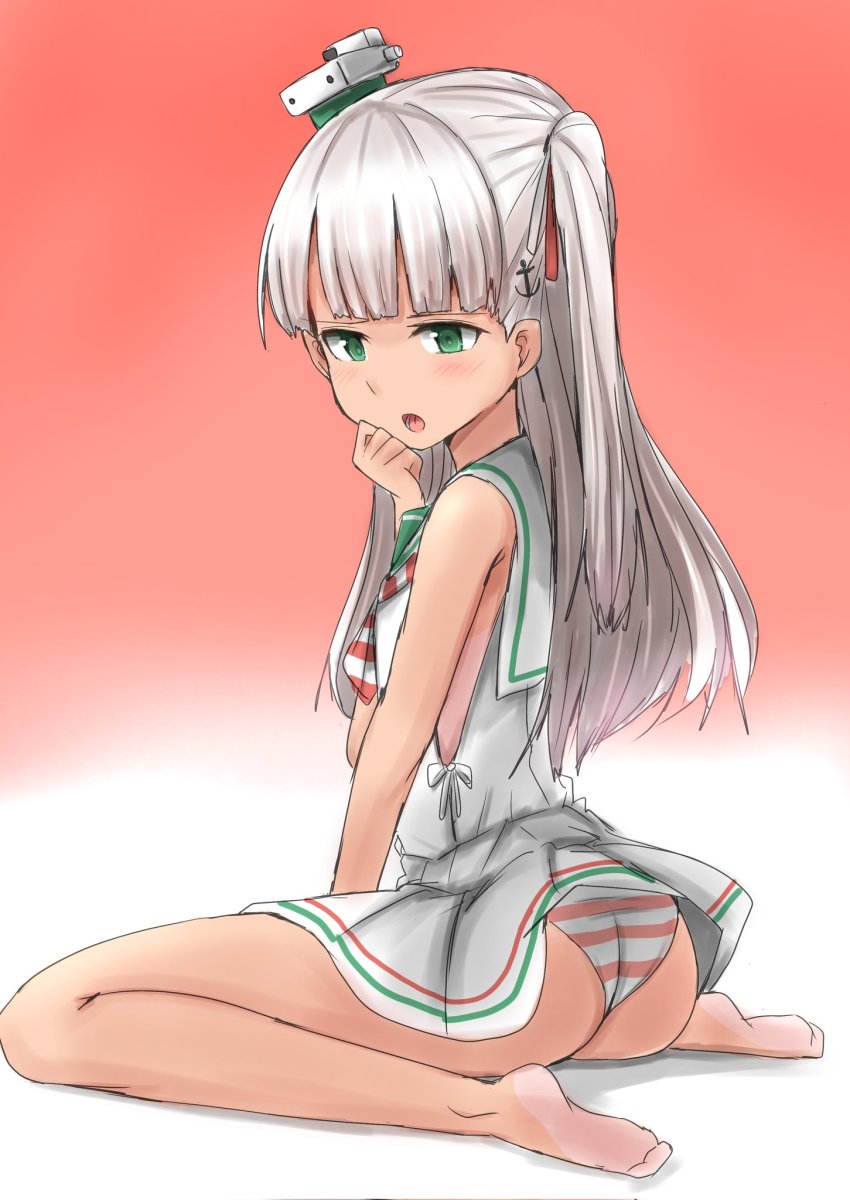 1girl, armpit_cutout, ascot, between_legs, blush, clothing_cutout, commentary, dress, green_eyes, hair_ribbon, hand_between_legs, hand_on_own_cheek, hand_on_own_face, highres, kamaboko_senshi, kantai_collection, long_hair, looking_back, looking_down, maestrale_(kancolle), open_mouth, panties, pantyshot, ribbon, side_ponytail, sitting, sleeveless, sleeveless_dress, solo, striped_ascot, striped_clothes, striped_panties, tan, underwear, wariza, white_dress, white_hair