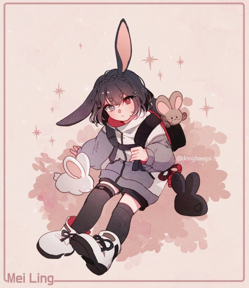 1girl, animal_ears, backpack, bag, black_hair, rabbit, dongbaegsi, full_body
