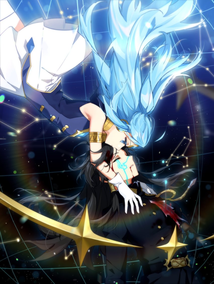 2girls, absurdres, armlet, black_hair, blue_eyes, blue_hair, closed_eyes, female_lord_(lord_of_heroes)