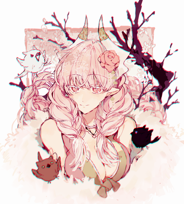 1girl, bird, blue_eyes, breasts, dragon_girl, dragon_horns, flower, hair_flower